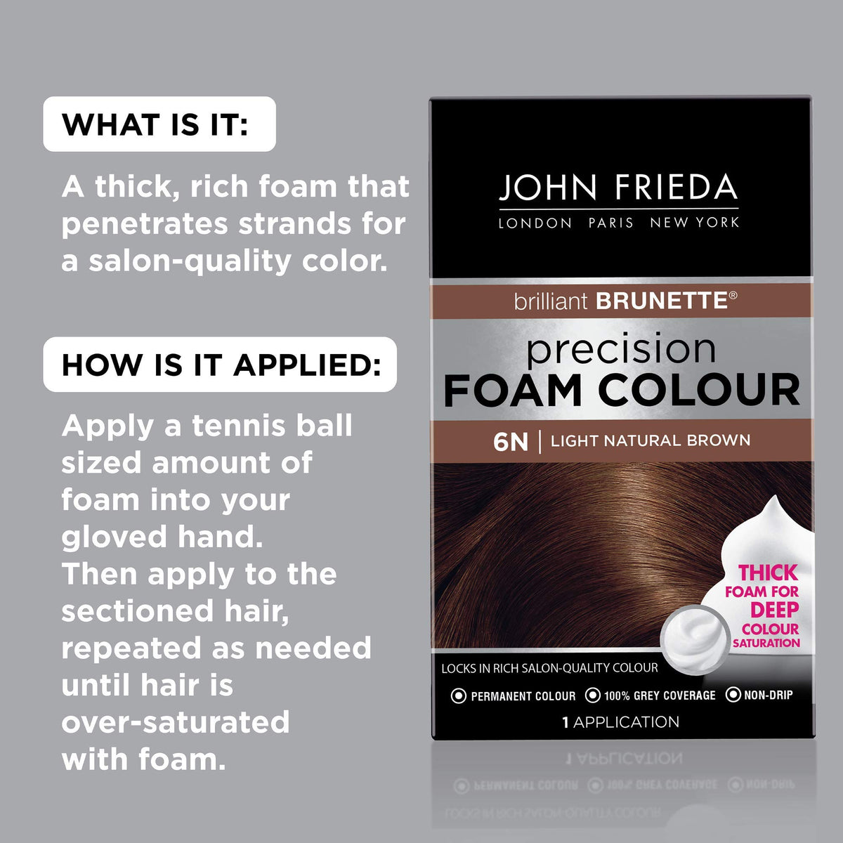 John Frieda foam texture close-up demonstrating no-drip control