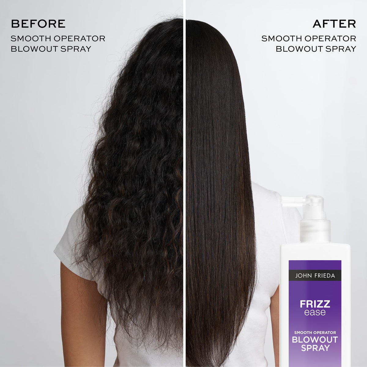 John Frieda before and after hair split showing reduced frizz and smoother finish