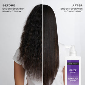 John Frieda before and after hair split showing reduced frizz and smoother finish