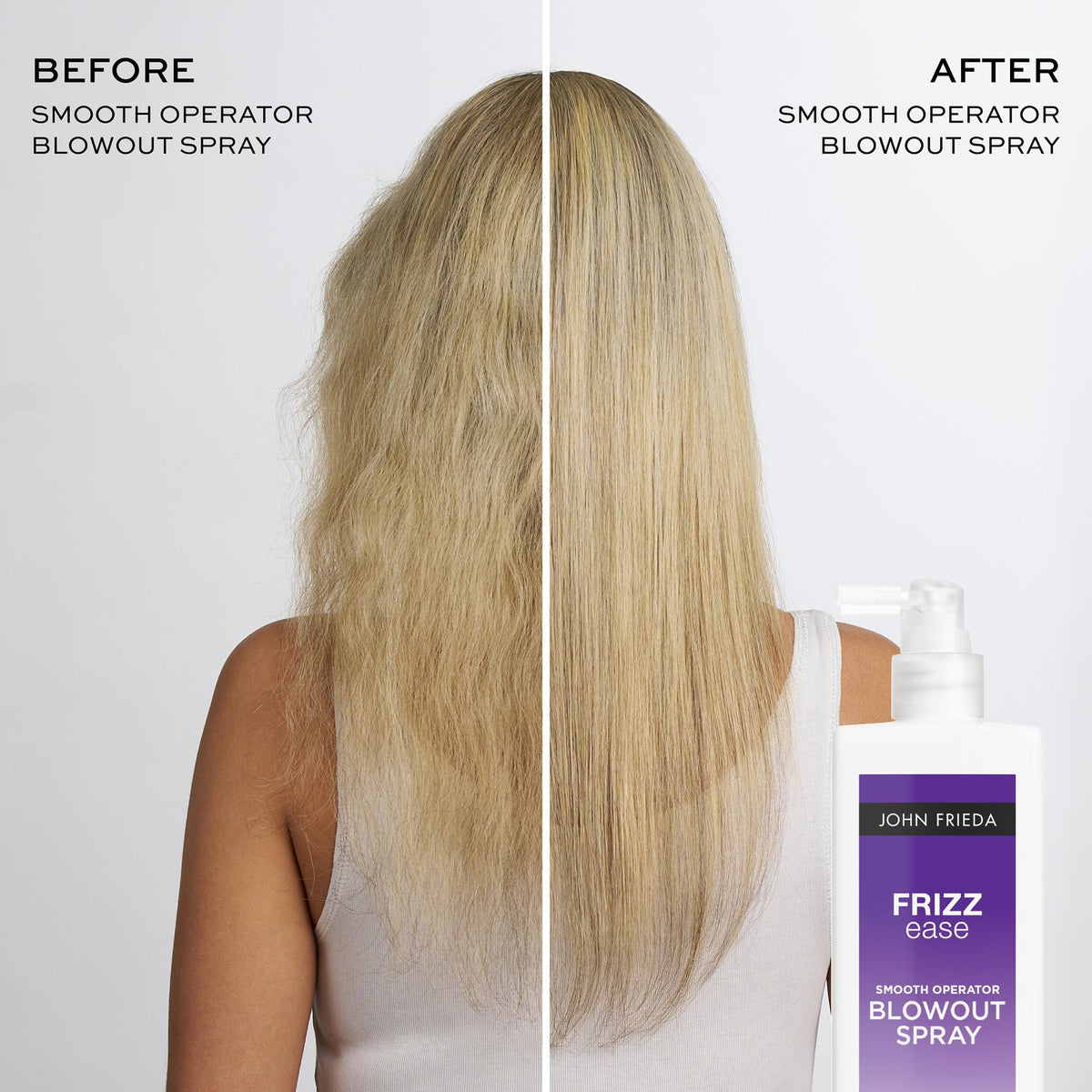 John Frieda spray being applied during blowdry to reduce frizz and speed styling
