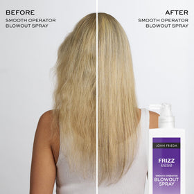 John Frieda spray being applied during blowdry to reduce frizz and speed styling