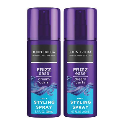 John Frieda front bottle image showing Dream Curls spray and defined curls benefit