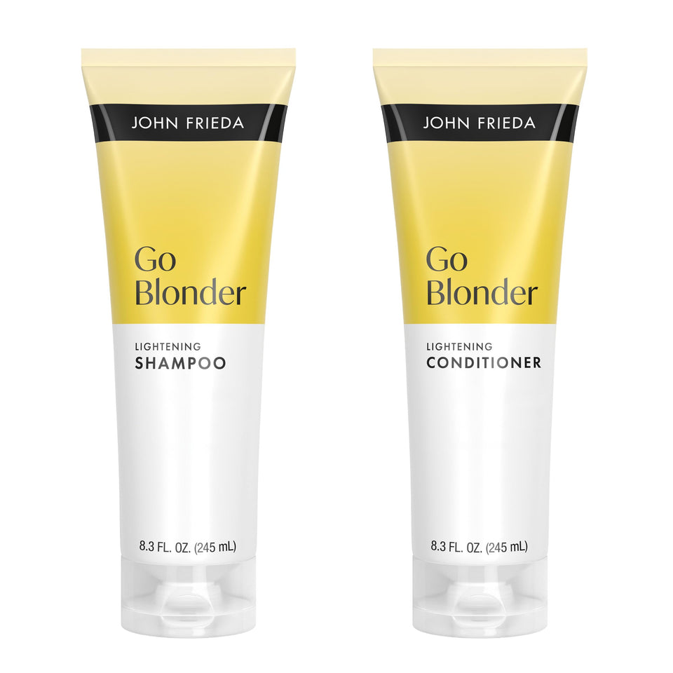 John Frieda front packaging of Go Blonder set showing product pair benefits