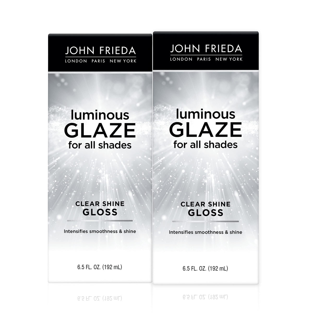 John Frieda front packaging showing glossy jar that delivers reflective shine