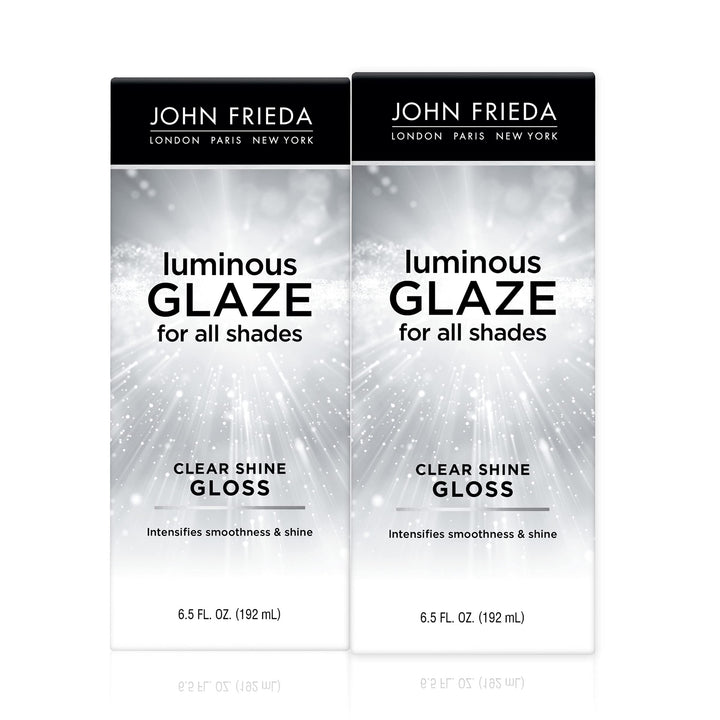 John Frieda front packaging showing glossy jar that delivers reflective shine