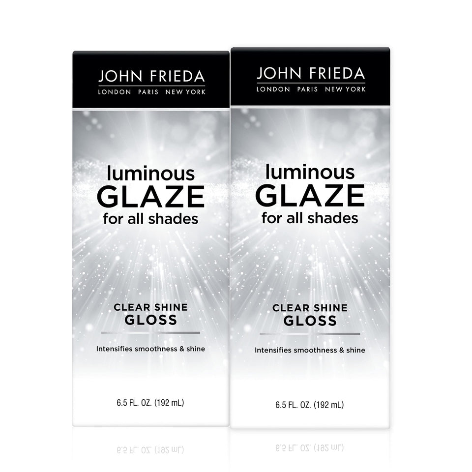 John Frieda front packaging showing glossy jar that delivers reflective shine
