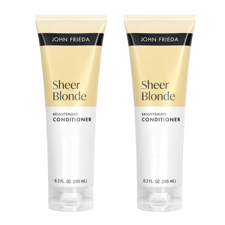 John Frieda front packaging shows brightening conditioner benefit