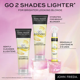 John Frieda shampoo with lightening spray to show combined routine for targeted brightening