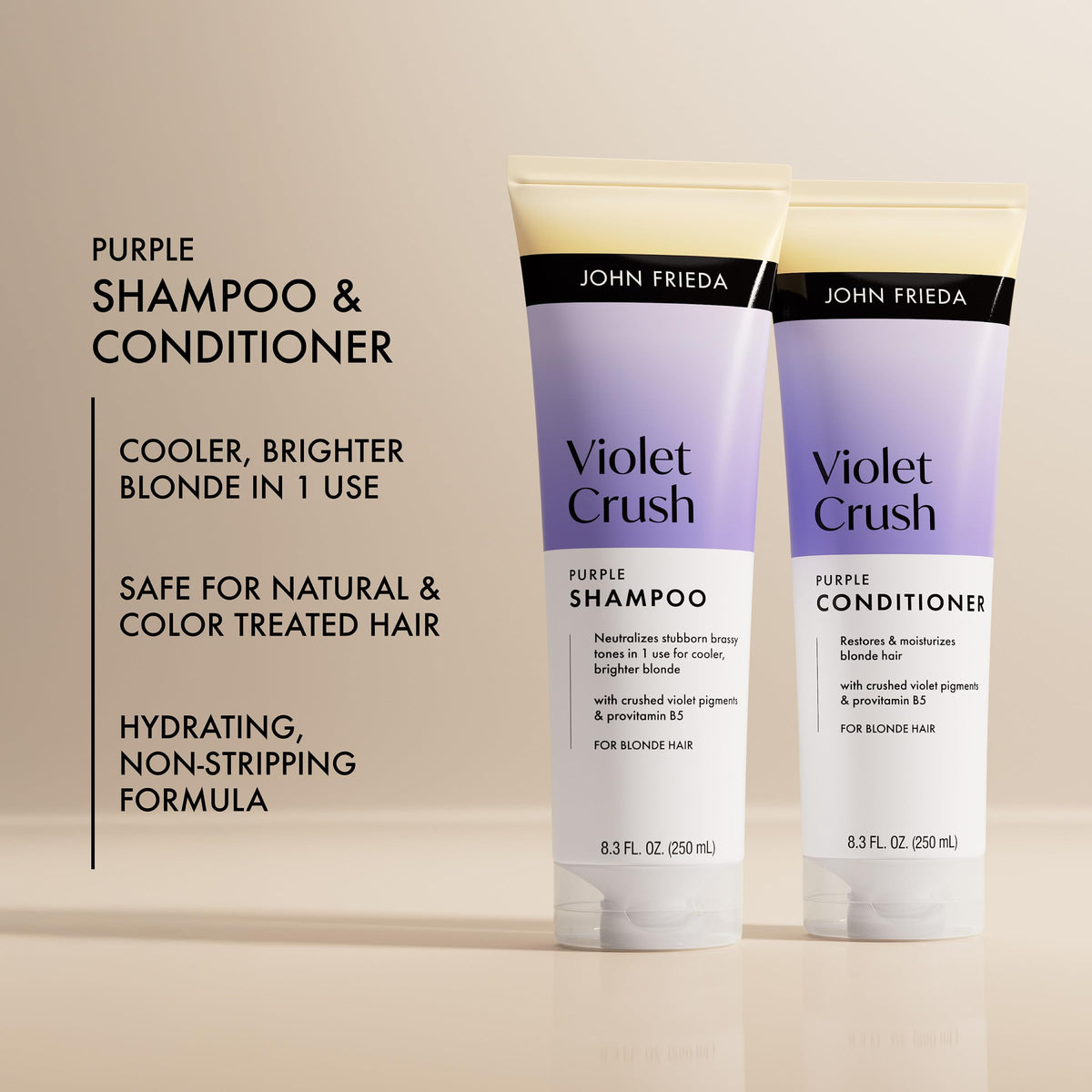 John Frieda applying purple shampoo to wet hair for brass reduction