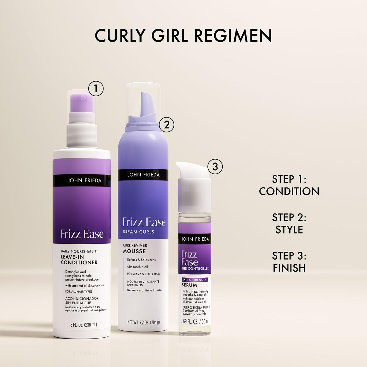 John Frieda mousse on bathroom vanity with styling tools showing everyday use