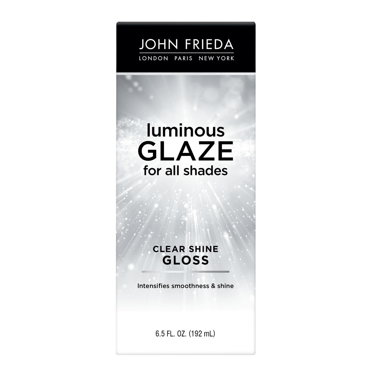 John Frieda front packaging showing clear gloss and benefit of added shine