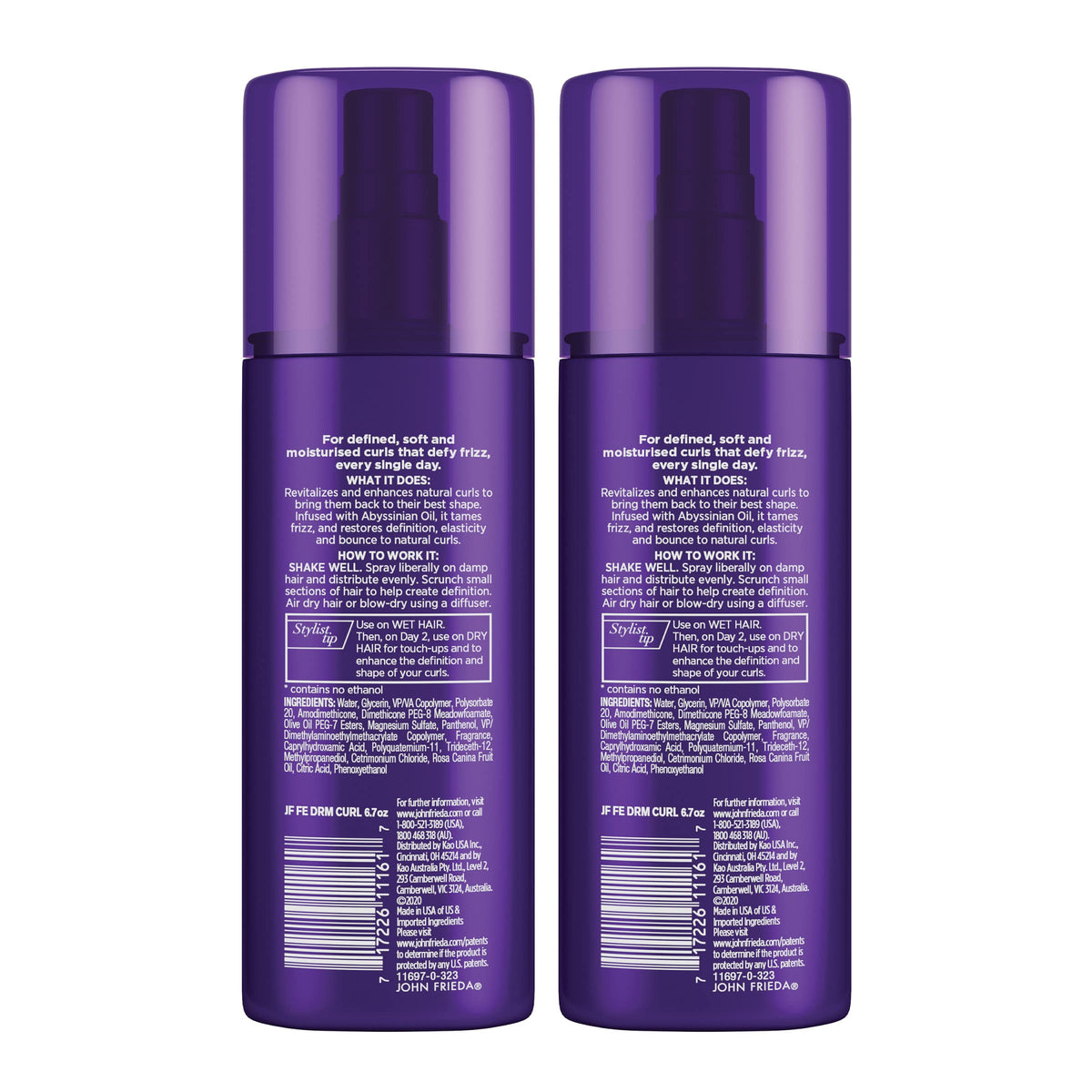 John Frieda bottle with Frizz Ease serum suggesting layered anti-frizz styling benefits