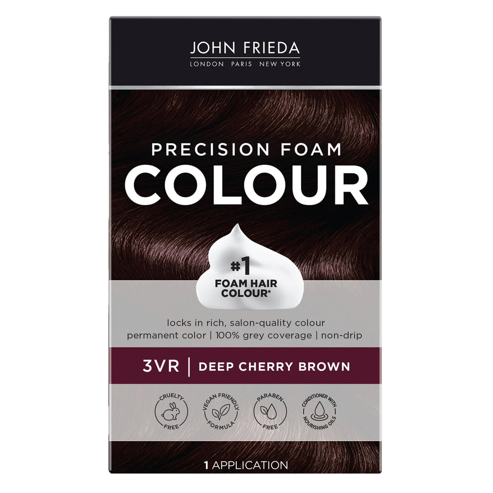John Frieda foam front packaging showing product and shade for easy identification