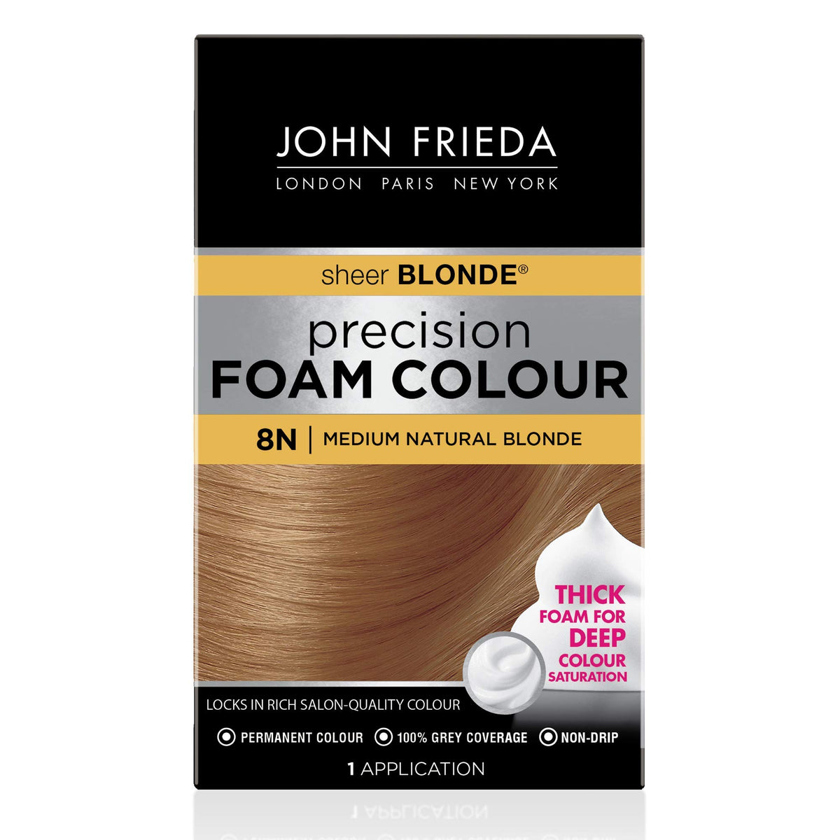 John Frieda front package showing 8N medium natural blonde and two-pack benefit