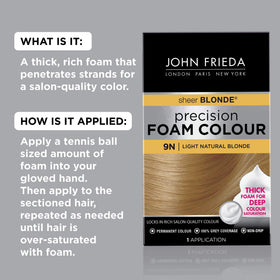 Close-up of thick John Frieda foam texture demonstrating non-drip application and even coverage