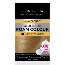 John Frieda front packaging showing 9N light natural blonde and kit contents for easy identification