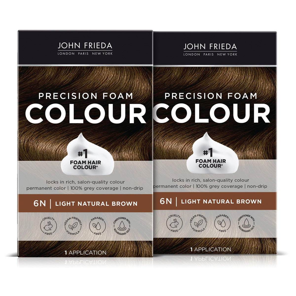 John Frieda front packaging showing pack of two and clear benefits