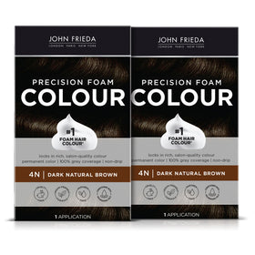 John Frieda front packaging showing 4N dark natural brown and two-pack convenience
