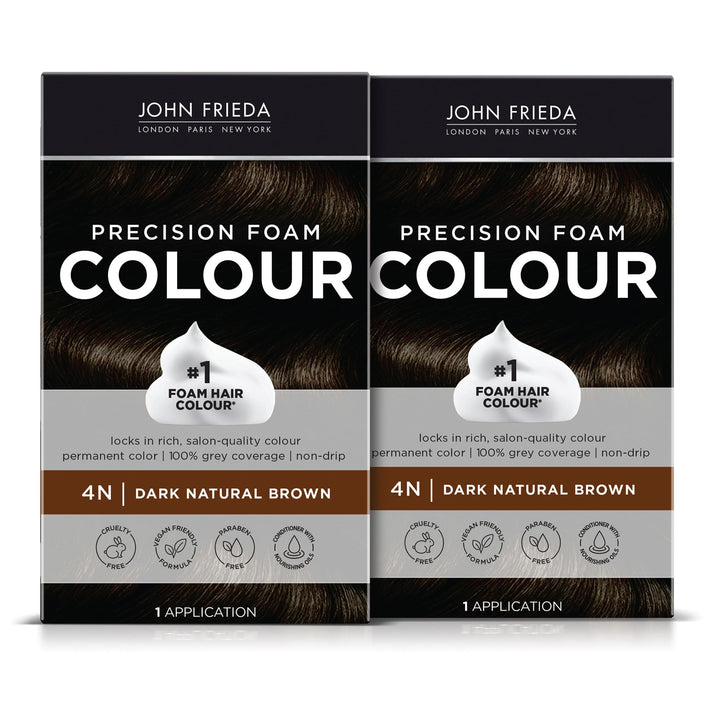 John Frieda front packaging showing 4N dark natural brown and two-pack convenience