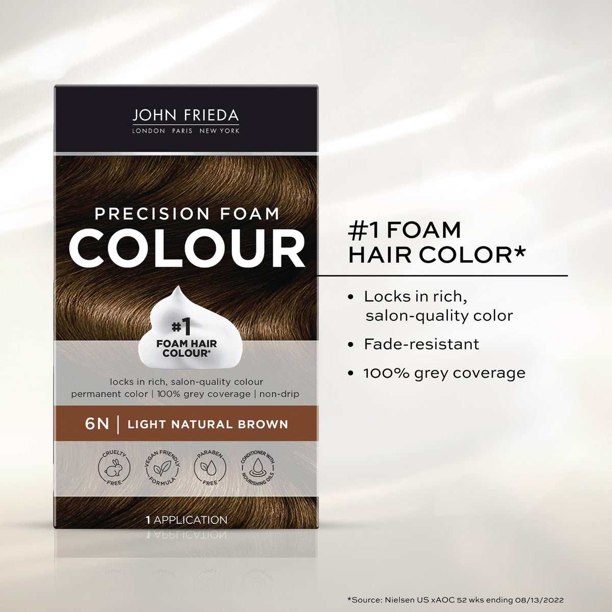 John Frieda label close-up highlighting paraben-free and vegan benefit