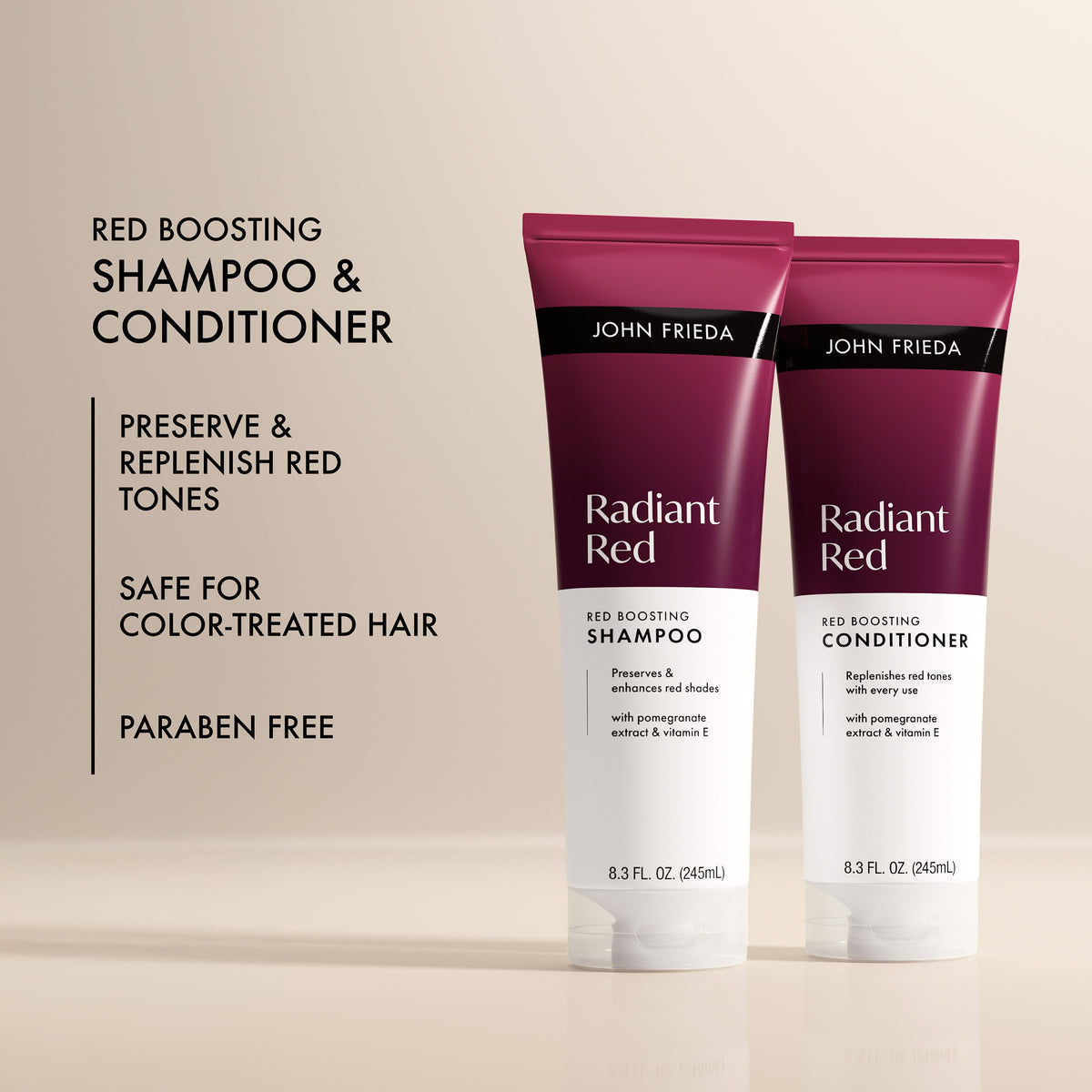John Frieda two bottles side by side, complete red-maintenance system