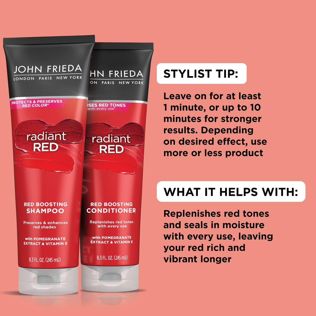 John Frieda radiant red bottle closeup label highlighting product benefits