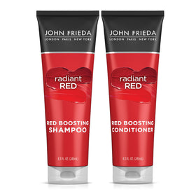 John Frieda radiant red front packaging shows duo and benefit of color boost