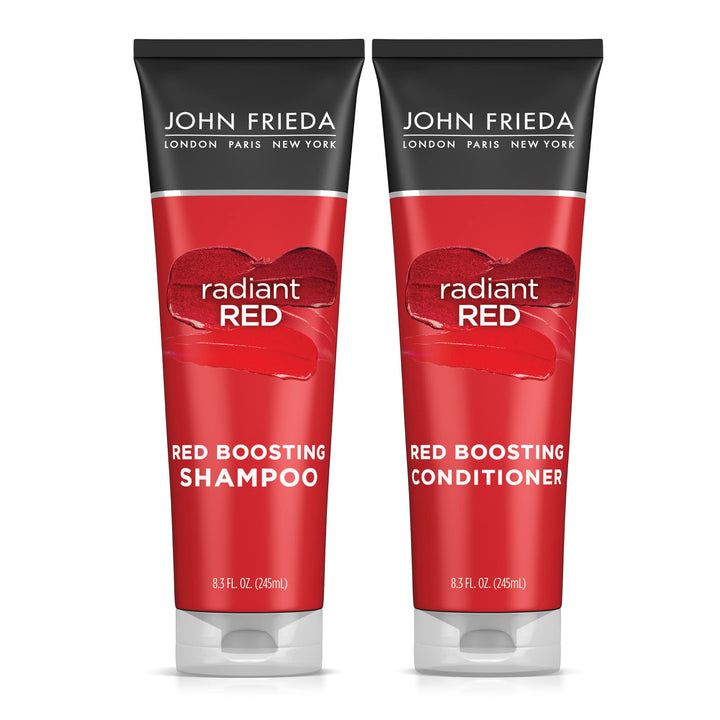 John Frieda radiant red front packaging shows duo and benefit of color boost