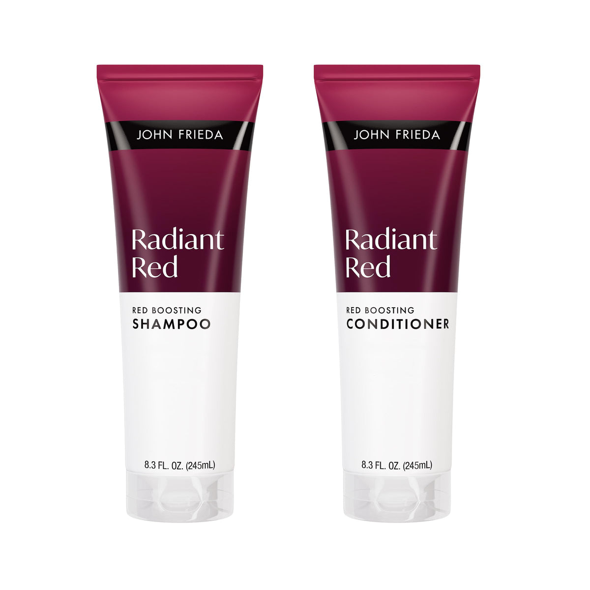 John Frieda front packaging showing shampoo and conditioner, boosts red vibrancy
