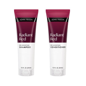 John Frieda front packaging showing shampoo and conditioner, boosts red vibrancy