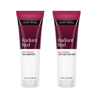 John Frieda front packaging showing shampoo and conditioner, boosts red vibrancy