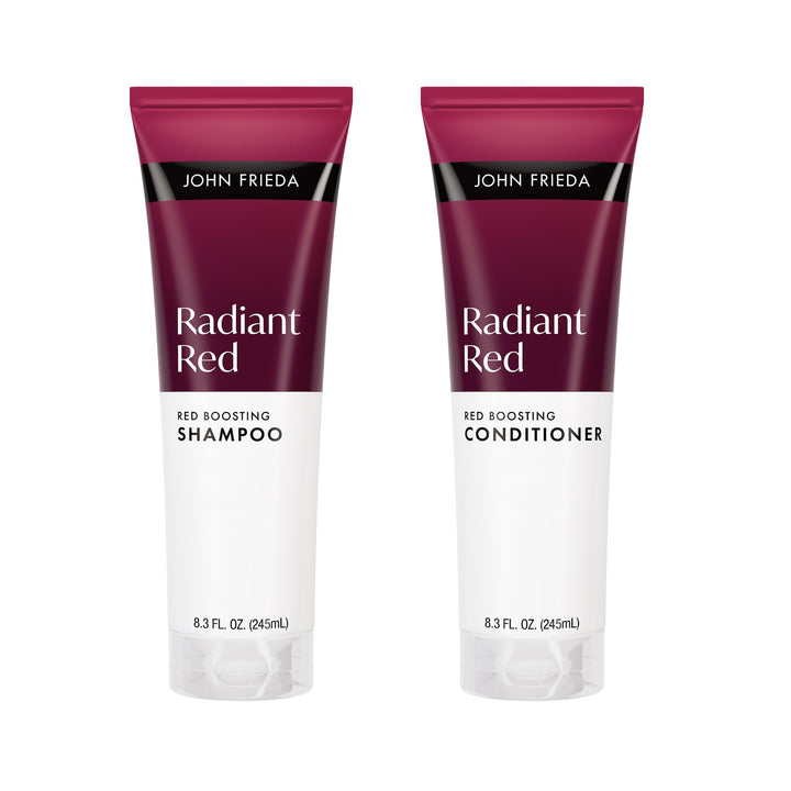 John Frieda front packaging showing shampoo and conditioner, boosts red vibrancy