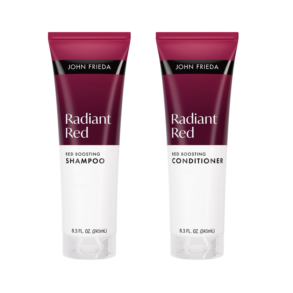 John Frieda front packaging showing shampoo and conditioner, boosts red vibrancy