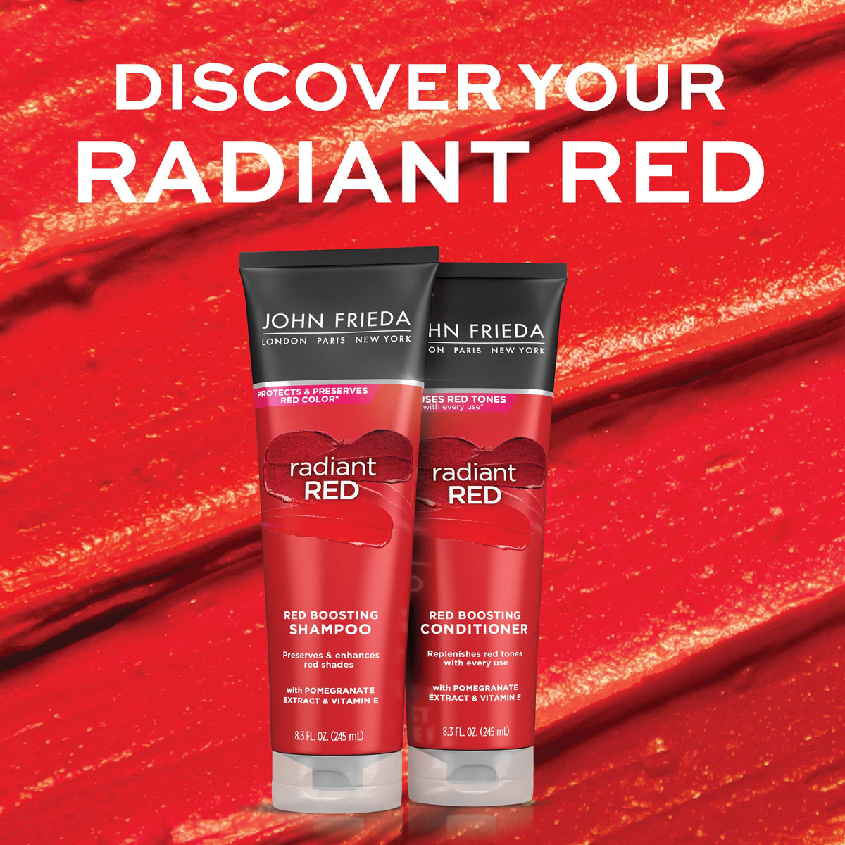 John Frieda product displayed with styling tools showing routine fit benefit
