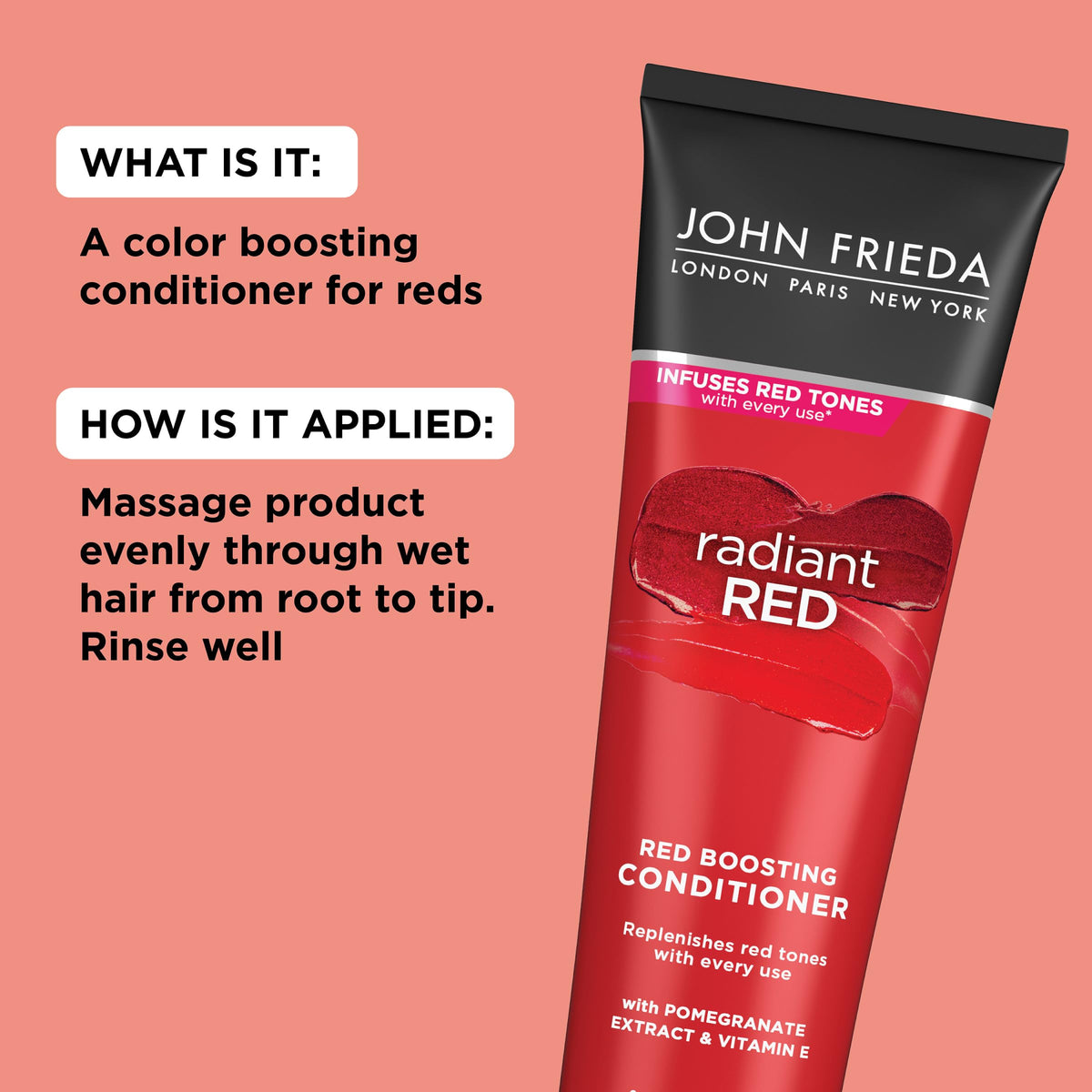 Size comparison of 8.3 oz John Frieda bottle indicating travel-friendly benefit
