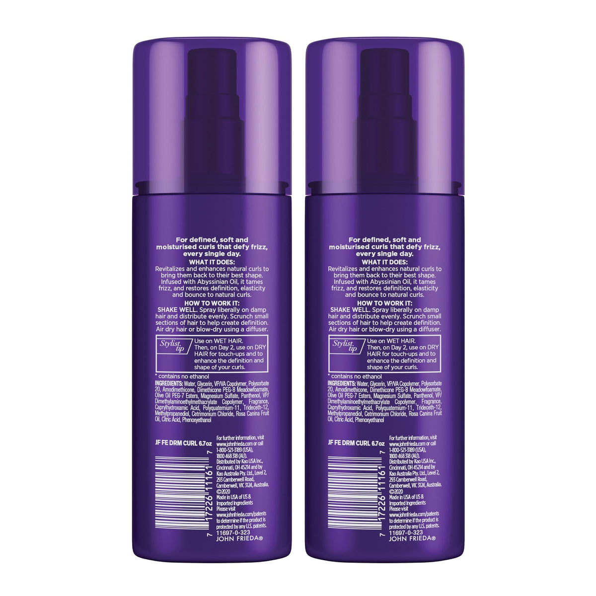 John Frieda bottle next to hand showing 6.7 oz scale for travel-friendly styling