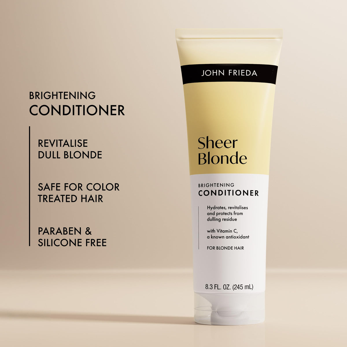 John Frieda creamy conditioner texture highlighting moisturizing benefit
