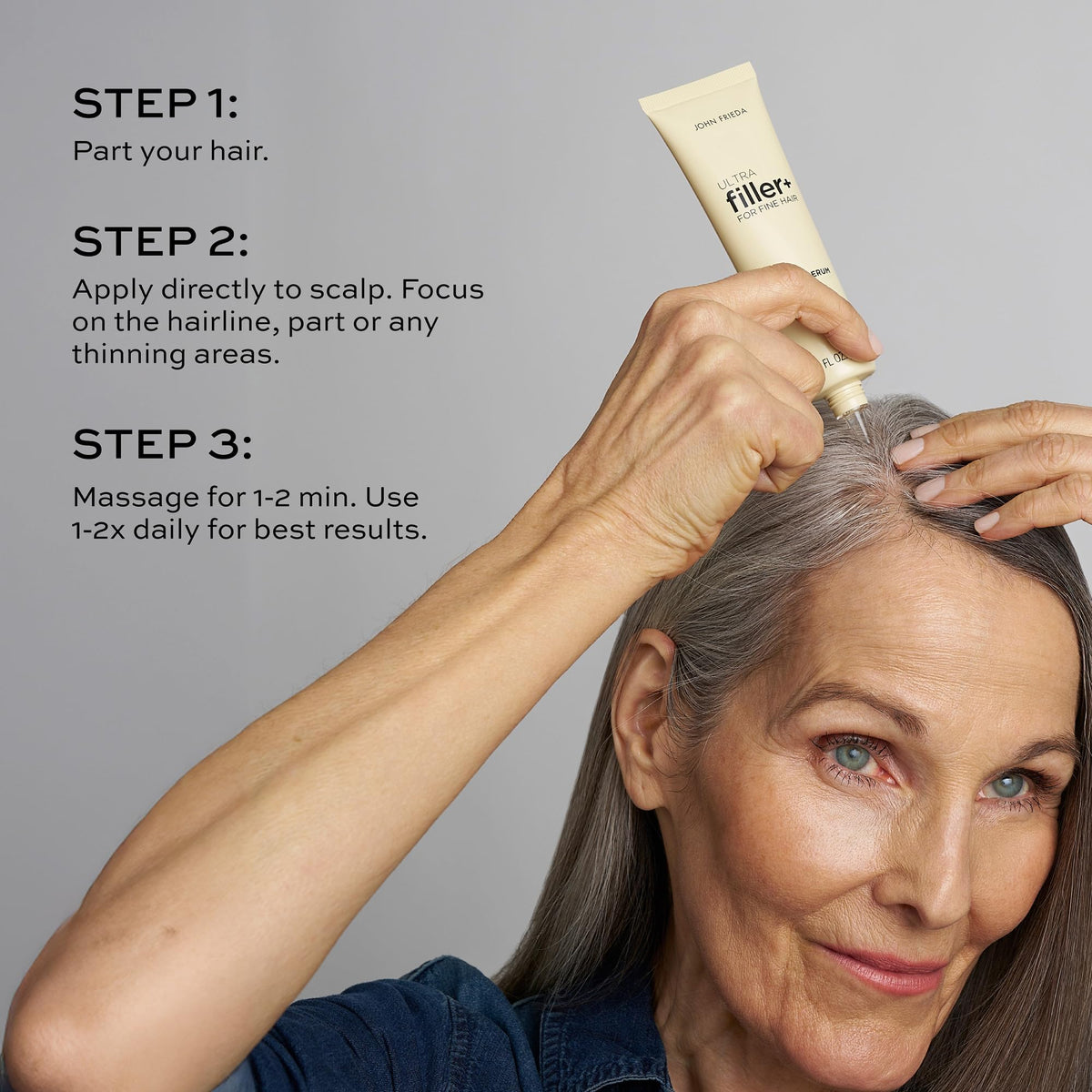 John Frieda styled hair before and after showing fuller-looking volume benefit