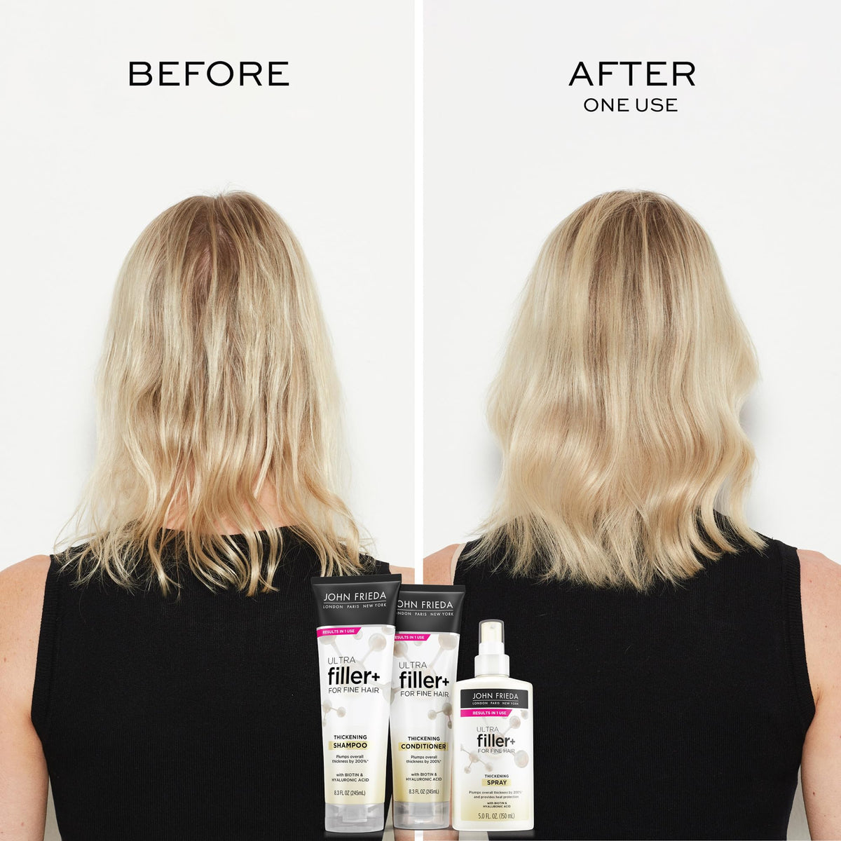 John Frieda ULTRAfiller+ conditioner being applied to wet hair for instant plumping