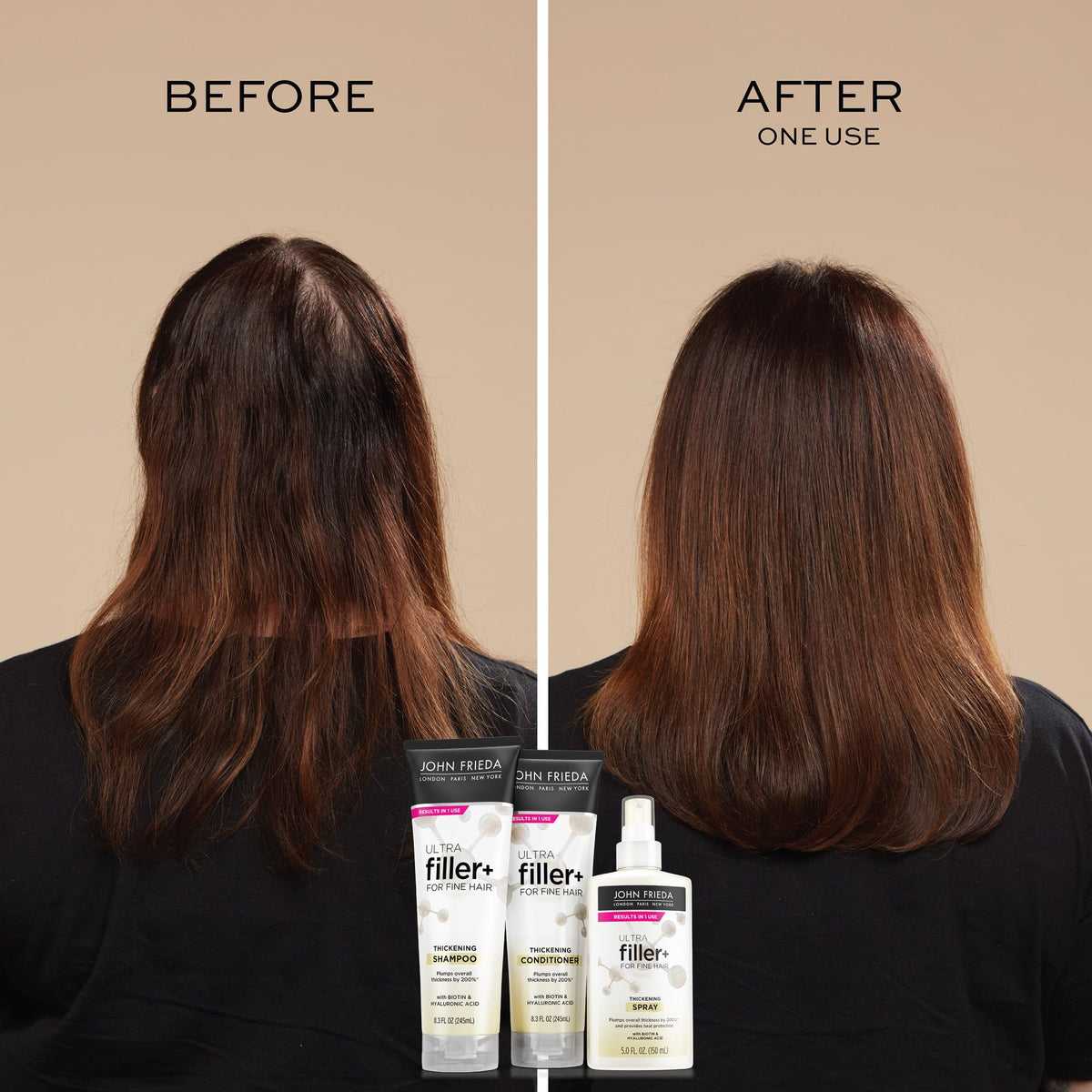 John Frieda ULTRAfiller+ before and after comparison showing fuller hair results