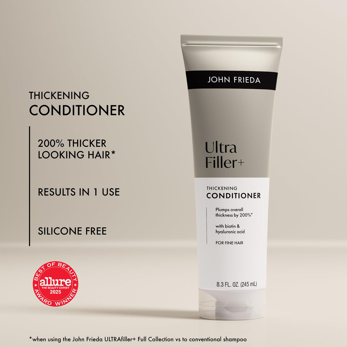 John Frieda ingredients closeup with biotin and hyaluronic acid benefits