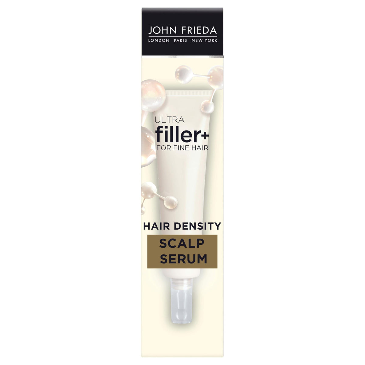 John Frieda front bottle shot shows product and easy-to-use dropper benefit