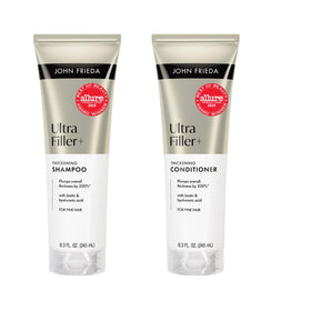 John Frieda front packaging shows set and immediate fuller-looking hair