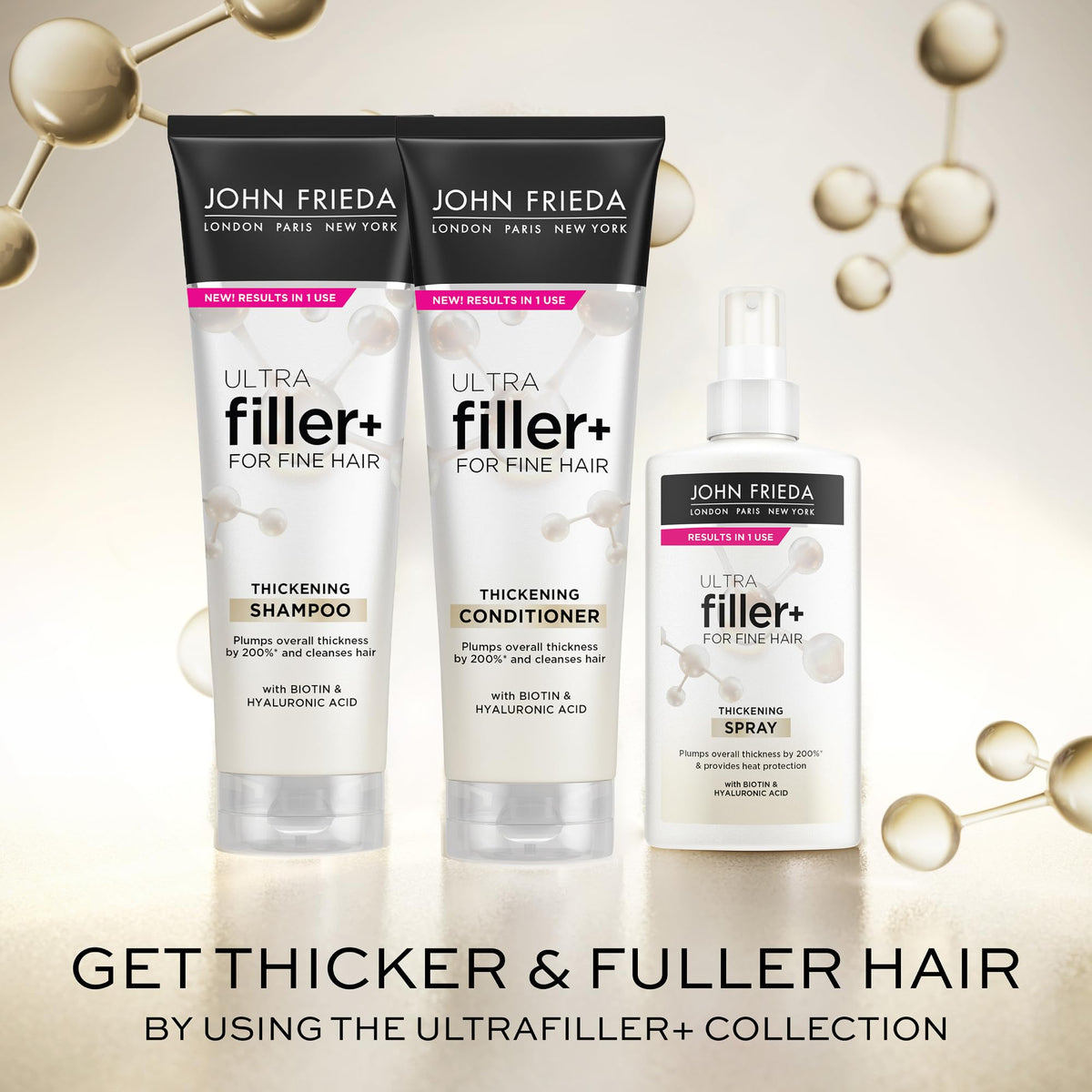 John Frieda ULTRAfiller+ ingredient display with biotin and hyaluronic acid for plumping
