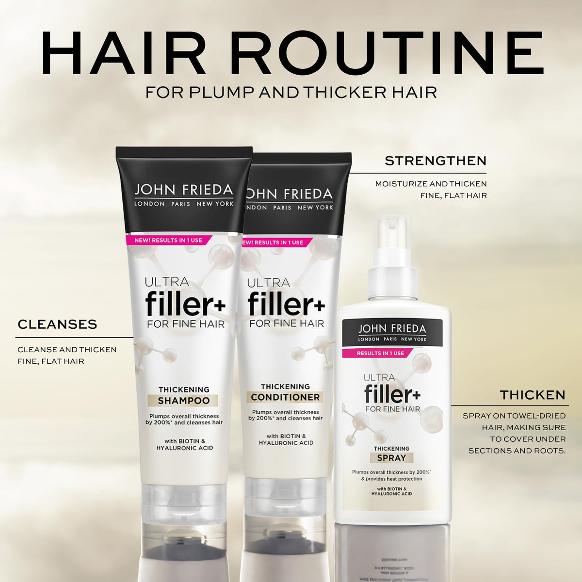 John Frieda ULTRAfiller+ staged on bathroom counter in lifestyle setting for daily routine