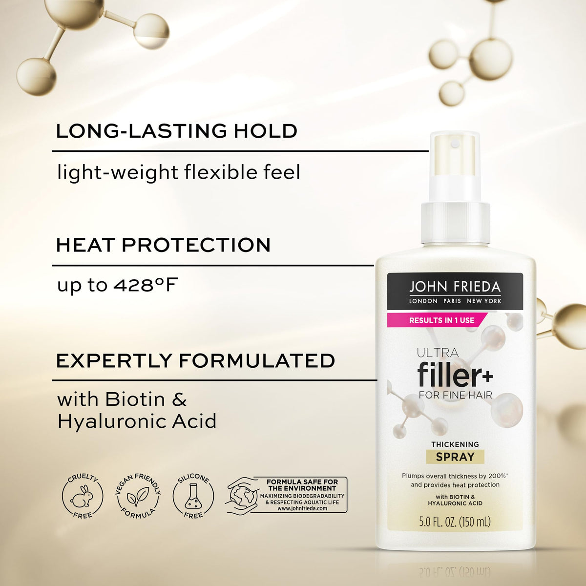 John Frieda ULTRAfiller+ held in hand to show scale and portable 5 oz size for travel