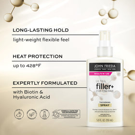 John Frieda ULTRAfiller+ held in hand to show scale and portable 5 oz size for travel
