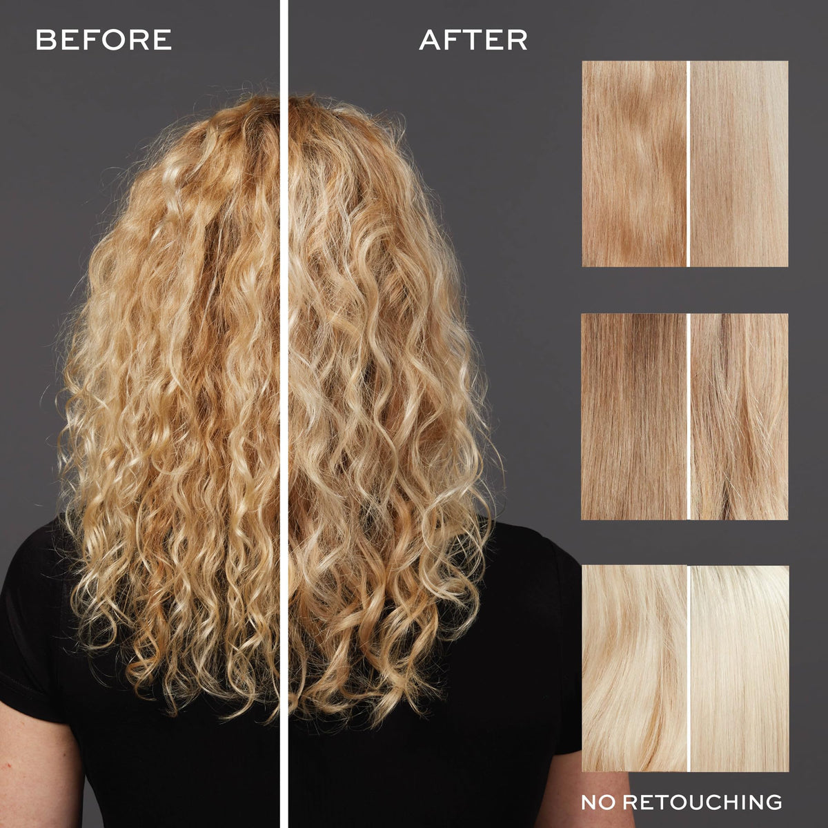 John Frieda before and after on blonde hair showing reduced brass and brighter tone