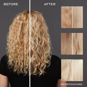 John Frieda before and after on blonde hair showing reduced brass and brighter tone