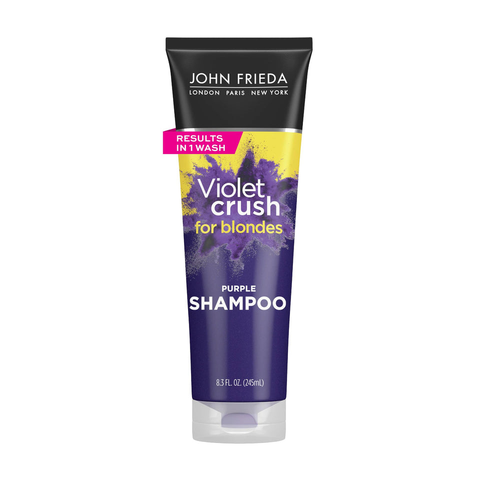 John Frieda front packaging showing violet crush bottle and clear benefit